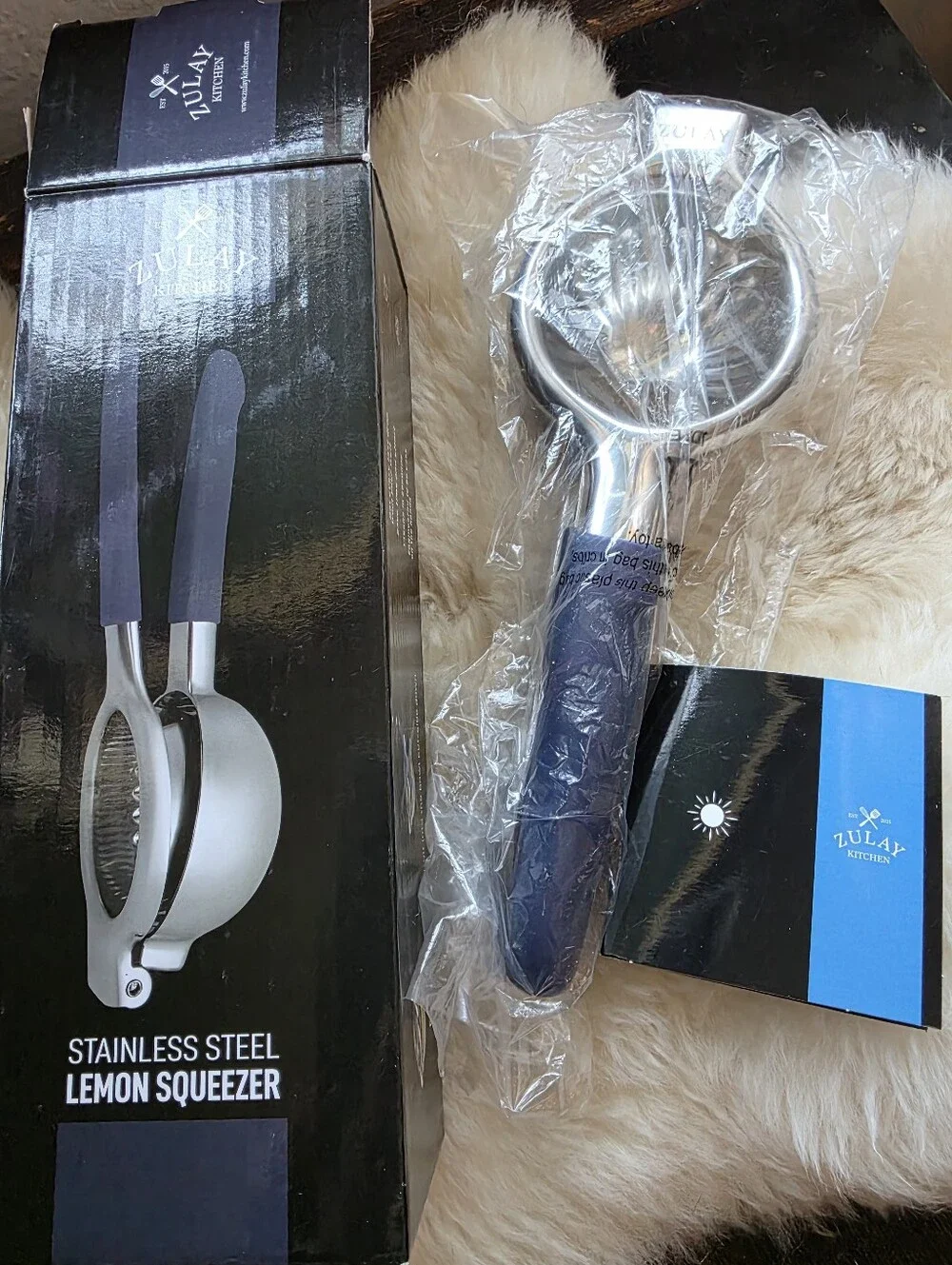 Zulay Kitchen Stainless Steel Lemon Squeezer, Blue Silicone Grips Heavy Duty NIB
